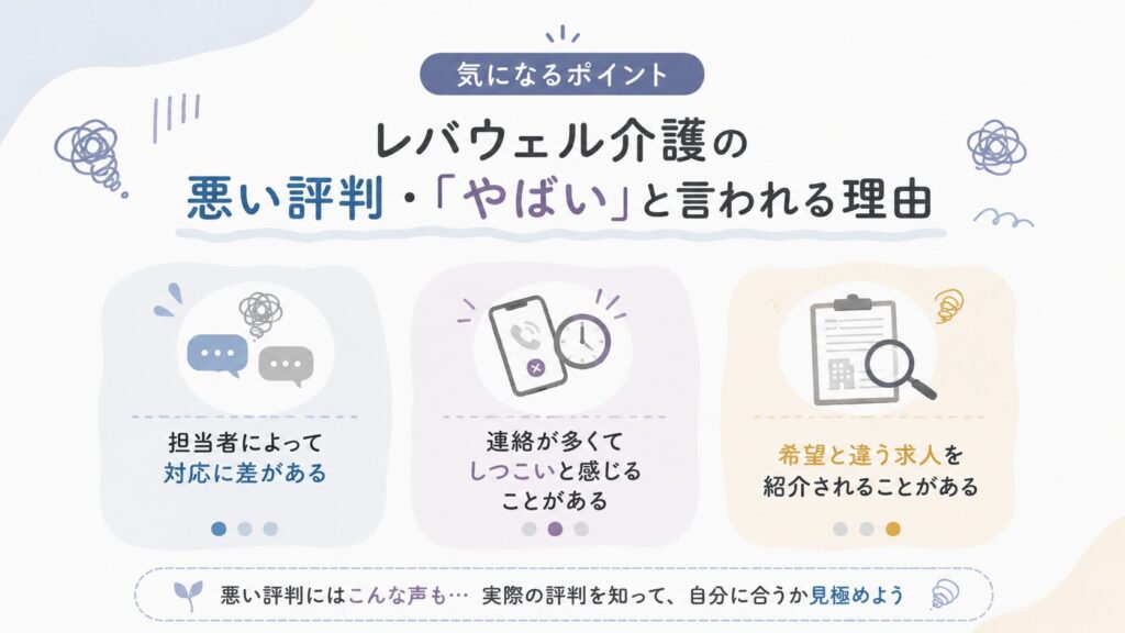 レバウェル介護の悪い評判として、対応の差・連絡の多さ・求人のミスマッチを示したやさしい図解。