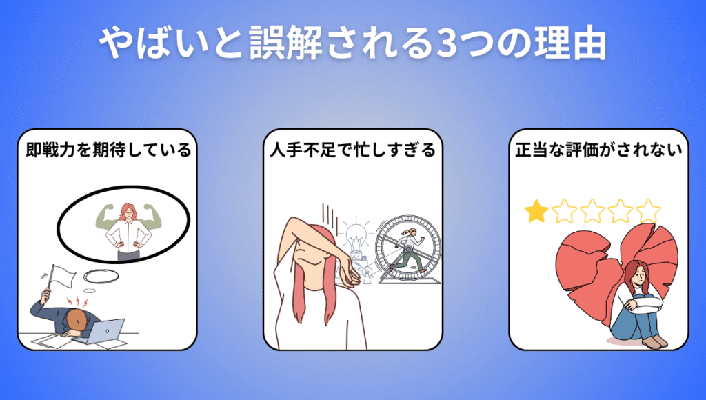 カイテクがやばいと誤解される3つの理由の図解。①施設が即戦力を期待している②人手不足で忙しすぎる③正当な評価がされない。