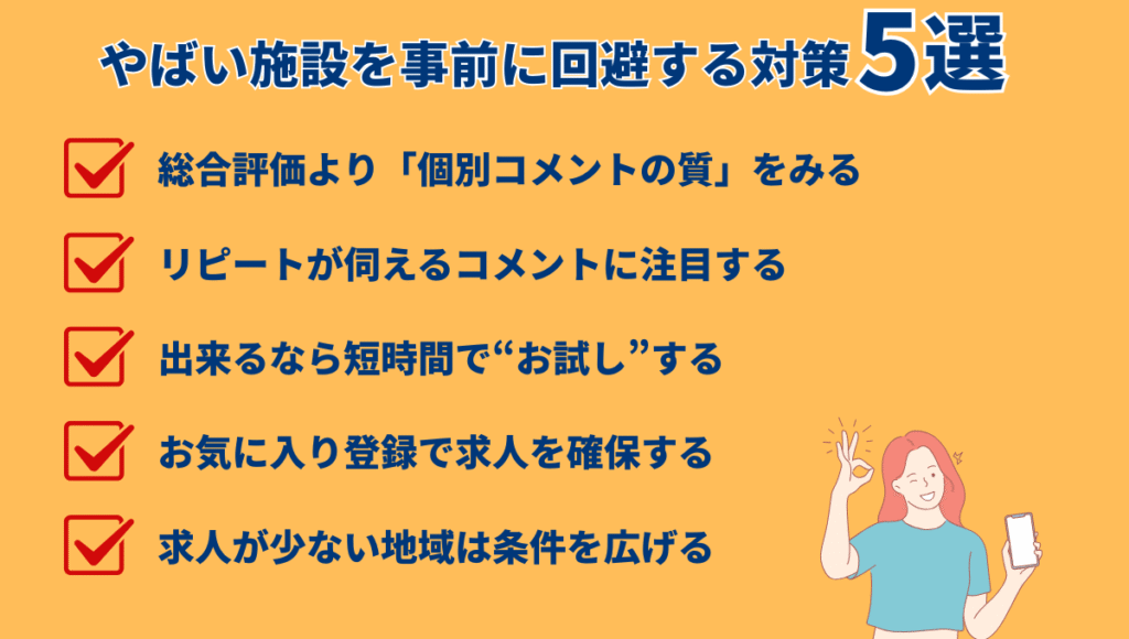 カイテクでやばい施設を事前に回避する対策5選の図解。①総合評価より「コメントの質」をみる②リピートが伺えるコメントに注目する③出来るなら短時間で”お試し”する④お気に入り登録で求人を確保する⑤求人が少ない地域は条件を広げる。を解説している。