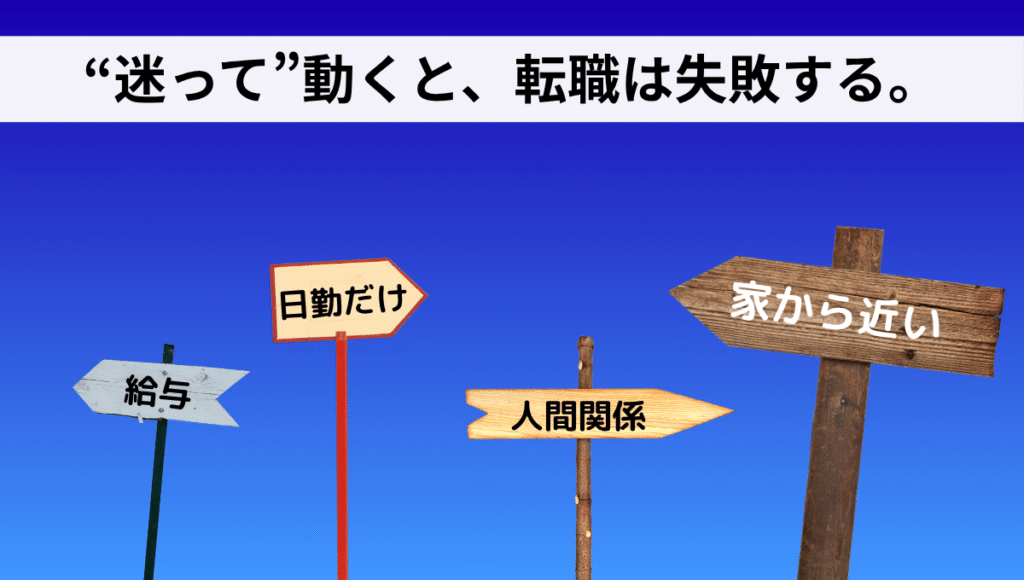 複数の方向を指す矢印看板が立ち並ぶ道。色も形もバラバラで、どこに進むべきか迷わせるような構図。介護職の転職で方向を見失っている様子を象徴。