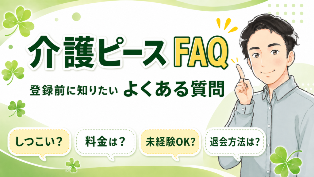 筆者アイコンと介護ピースFAQと大きな見出し。しつこい？料金は？未経験OK？退会方法は？と吹き出しアイコン付き。