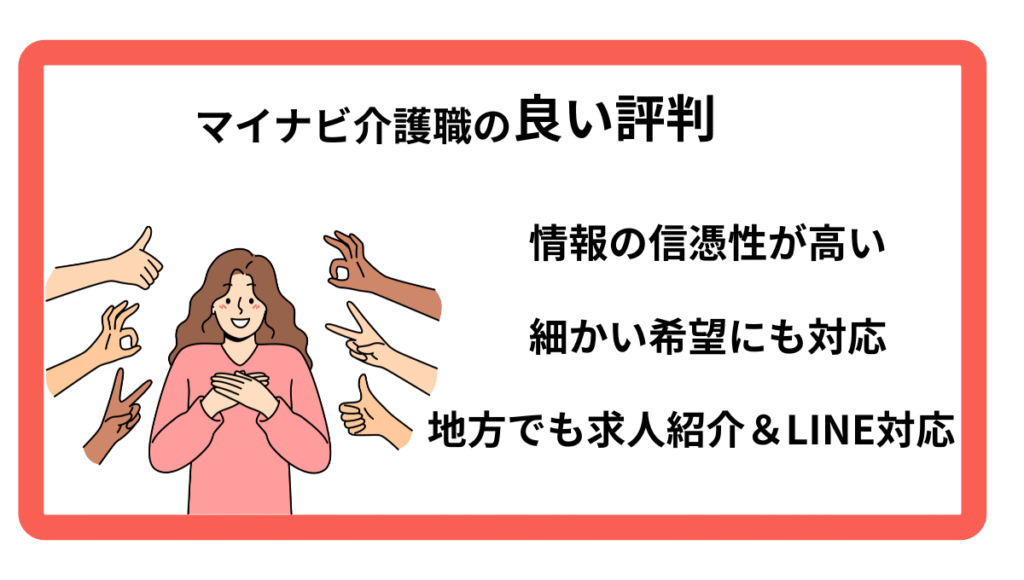 中央で喜ぶ女性と周囲から祝福する手。マイナビ介護職の良い評判というテキスト付き。