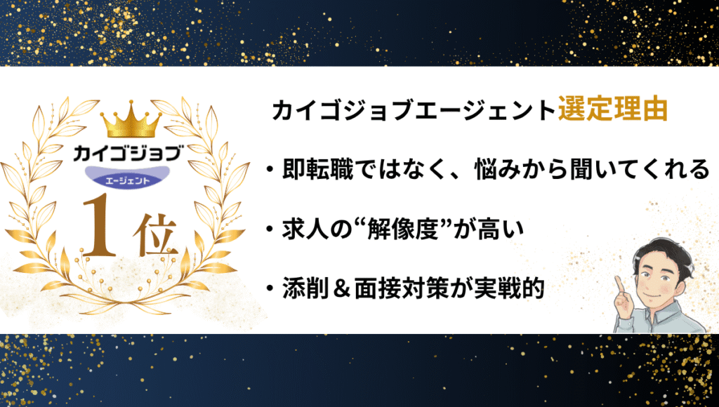 介護職向け転職サイトランキング第1位 カイゴジョブエージェント選定理由:即転職ではなく悩みから聞いてくれる、求人の解像度が高い、添削と面接対策が実戦的