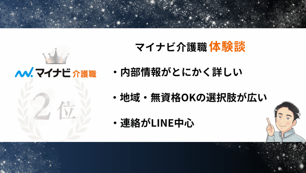 介護職向け転職サイトランキング第2位 マイナビ介護職体験談：内部情報がとにかく詳しい、地域・無資格OKの選択肢が広い、連絡がLINE中心