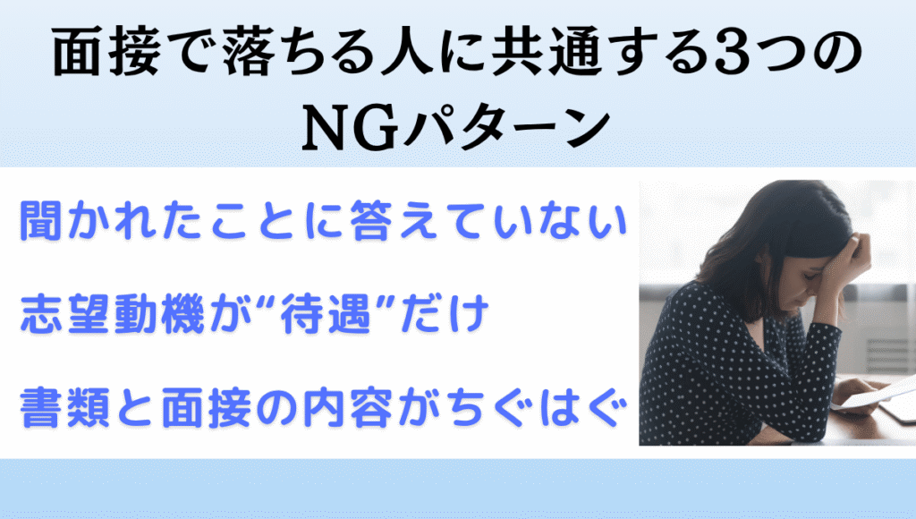 面接での3つのNGパターン①聞かれた事に答えていない②志望動機が待遇だけ③書類と面接の内容がちぐはぐ