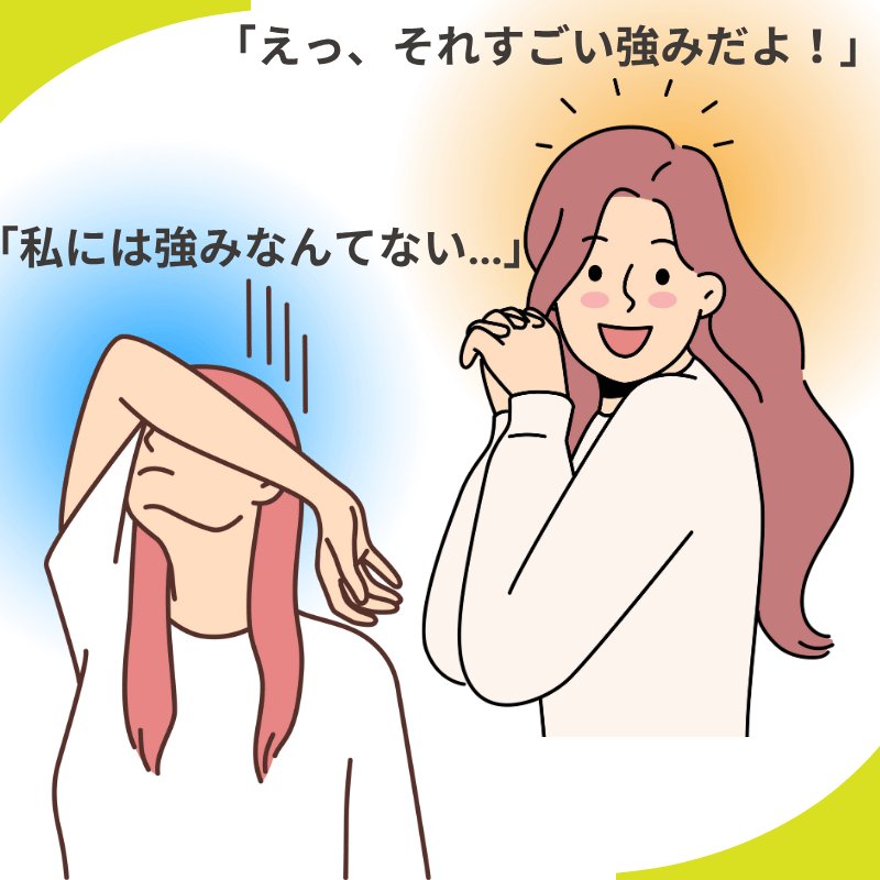 強みに気が付かいない自分と強みに気づく他者の画像