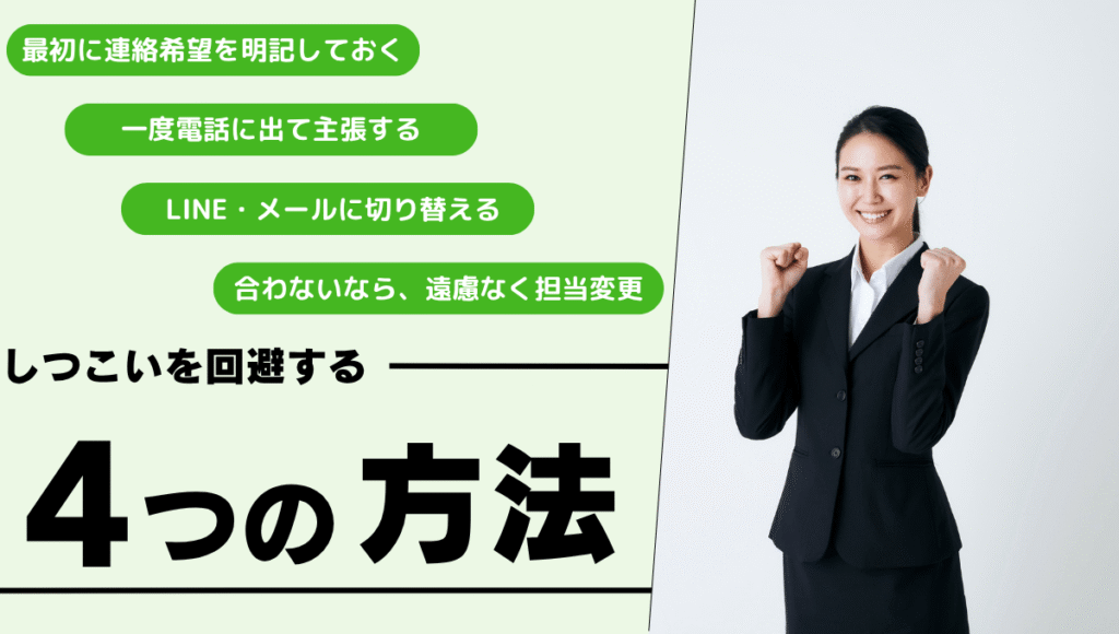 しつこいを回避する4つの方法。最初に連絡希望を明記。一度電話に出て主張する。LINE・メールに切り替える。合わないなら遠慮なく担当変更。スーツ姿の女性がガッツポーズで喜ぶ画像付き