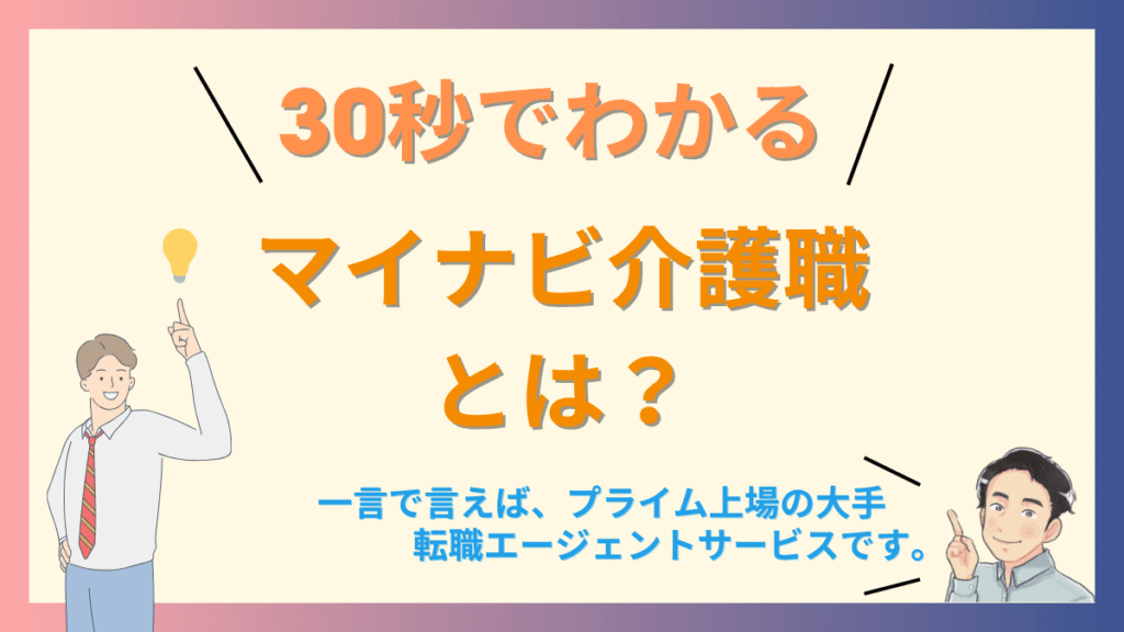 30秒でわかる。マイナビ介護職とは？という見出しと筆者アイコンが「一言で言えば、プライム上場の大手転職エージェントサービスです。」と吹き出しが付いている。