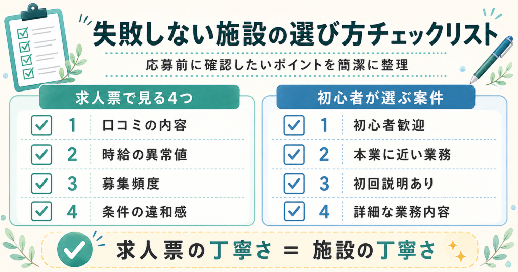 施設選びで失敗しないためのチェックリスト図。求人票で確認すべき4項目と、初心者が選びやすい案件の条件4項目を整理し、最後に「求人票の丁寧さは施設の丁寧さにつながる」とまとめている。