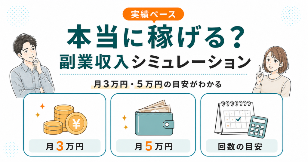 カイテクの副業収入シミュレーションを紹介する図。月3万円・5万円の目安と必要回数を、コイン、財布、カレンダーのアイコンで分かりやすく示している。