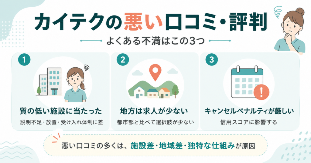 カイテクの悪い口コミ・評判として、施設差、地方の求人不足、キャンセルペナルティの3点を整理した図。
