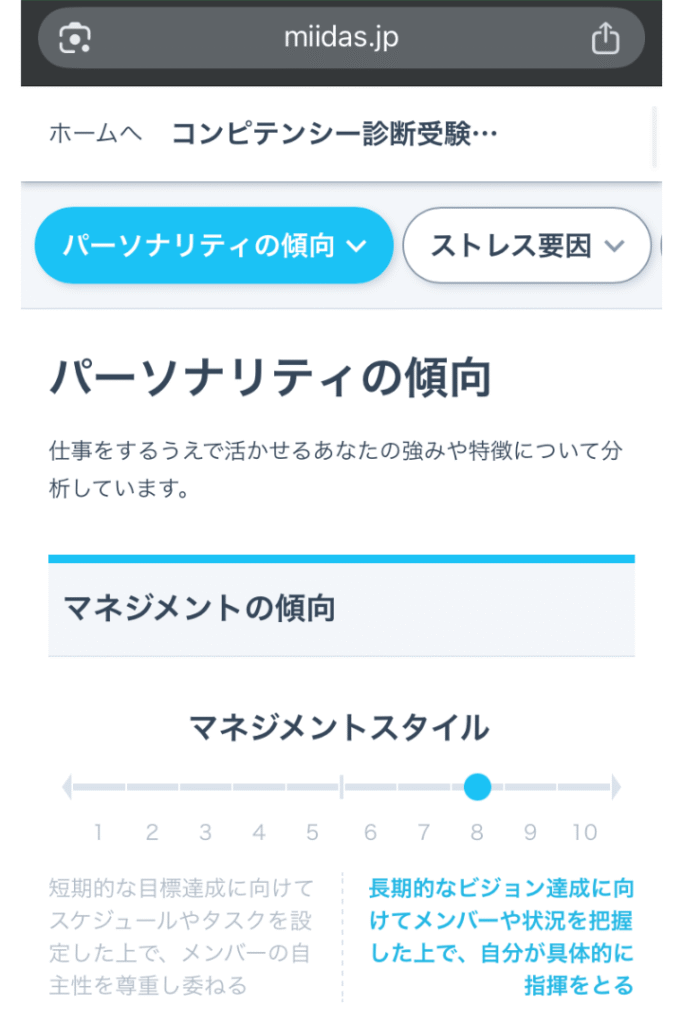 ミイダスのコンピテンシー診断でパーソナリティの傾向が表示された画面