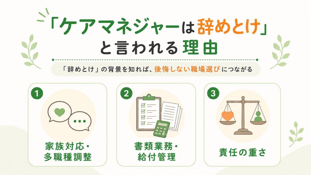 「ケアマネジャーは辞めとけ」と言われる理由を3つの視点で整理した図解画像。上段中央にタイトルとサブタイトルを配置し、下段に「家族対応・多職種調整」「書類業務・給付管理」「責任の重さ」の3項目をアイコン付きでわかりやすくまとめている。