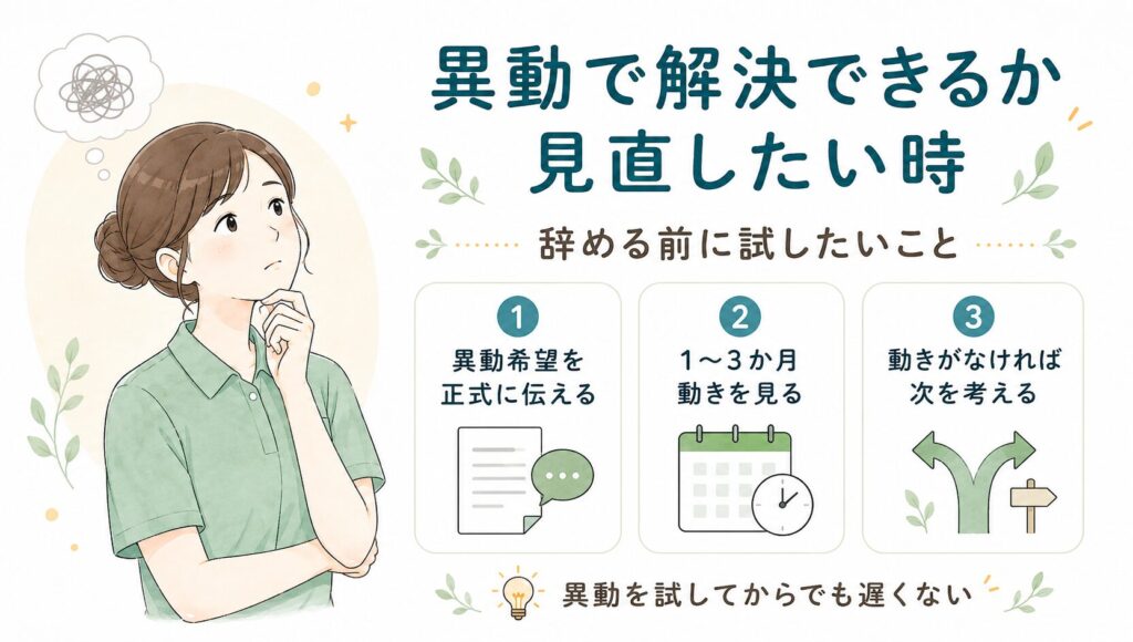 人間関係や部署の悩みに対して、辞める前に異動や配属変更を検討する流れをまとめた図解