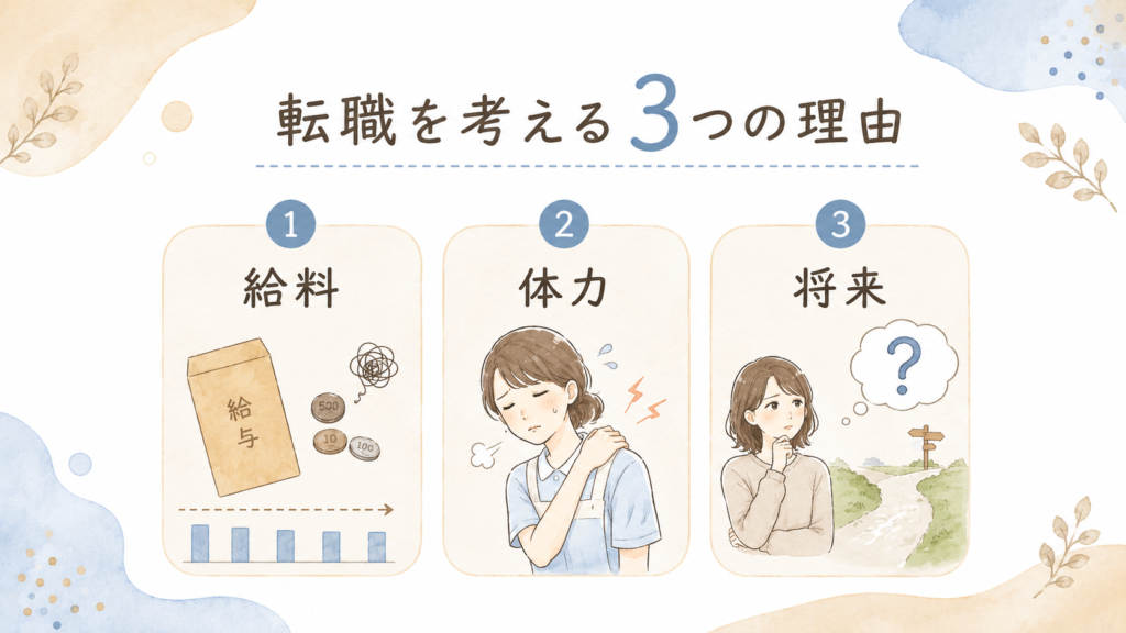 介護職が転職を考える3つの理由をやさしいイラストで示した画像。給料、体力、将来の3項目が並び、給与の横ばい、身体的な負担、将来への迷いを表現している。