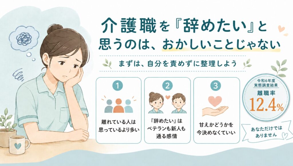 介護職を辞めたいと思うのはおかしいことではないと伝える図解画像。悩む介護職の女性イラストと、離れている人は思っているより多いこと、辞めたい気持ちはベテランも新人も通る感情であること、甘えかどうかを今決めなくていいこと、令和6年度実態調査結果の離職率12.4％がまとめられている。