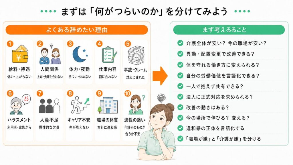 介護職を辞めたい理由を整理するための図解画像。給料・人間関係・体力・仕事内容・事故やクレーム・ハラスメント・人員不足・キャリア不安・職場の体質・適性の迷いといった悩みを一覧で示し、それぞれについて何を先に考えるべきかを整理できる構成になっている。