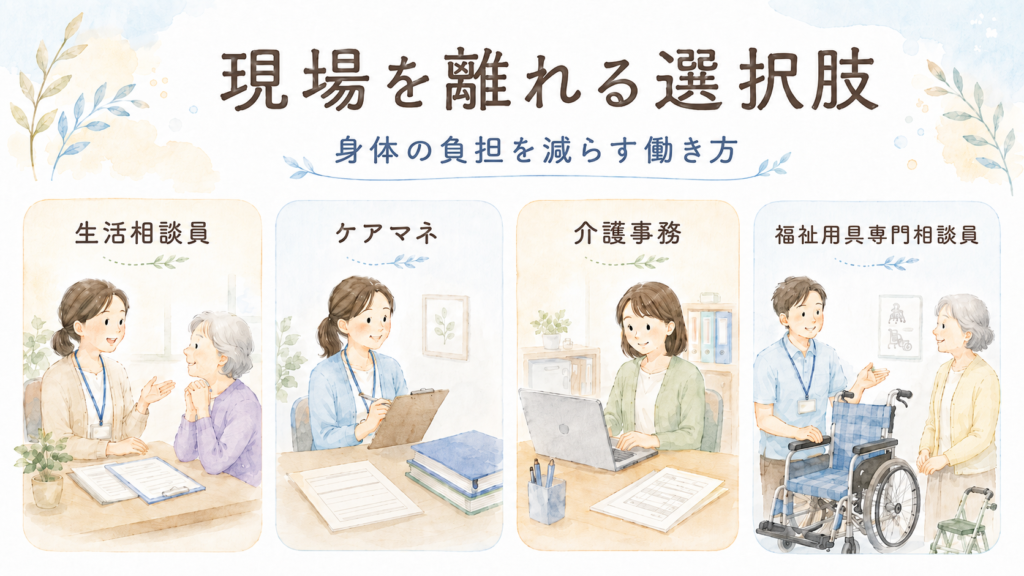 介護を完全に辞める前に考えたい、現場を離れる選択肢を紹介する画像。生活相談員、ケアマネ、介護事務、福祉用具専門相談員の4職種がやさしいイラストで描かれている。