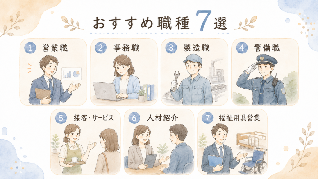 介護から転職しやすいおすすめ職種7選を紹介する画像。営業職、事務職、製造職、警備職、接客・サービス、人材紹介、福祉用具営業の7職種がイラストで並んでいる。