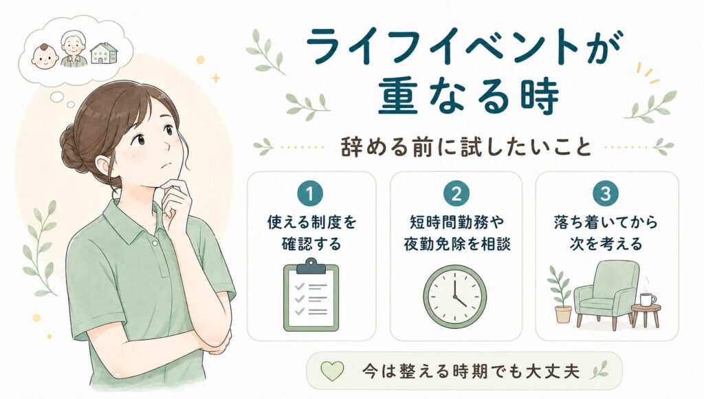 妊娠・育児・介護などのライフイベント中は、制度確認や働き方の調整を優先する考え方を示した図解