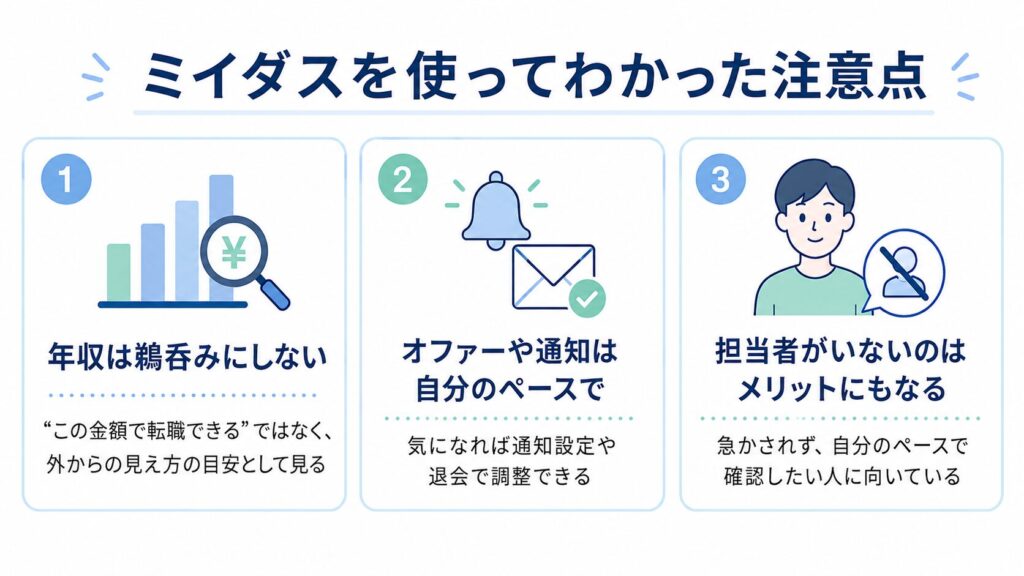 ミイダスを使う際の注意点を3つに整理した図。1. 年収は鵜呑みにしない、2. オファーや通知は自分のペースで確認すればよい、3. 担当者がいないことは自分のペースで使いたい人にはメリットになる、と説明している。