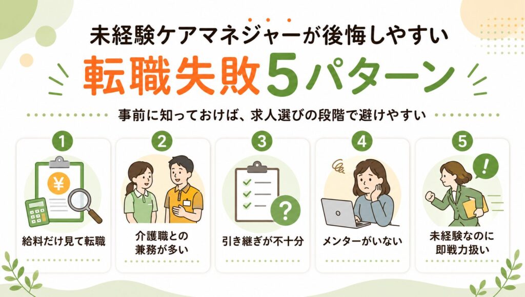未経験ケアマネジャーが後悔しやすい転職失敗5パターンをまとめた図解画像。給料だけで転職する、介護職との兼務が多い、引き継ぎが不十分、メンターがいない、未経験なのに即戦力扱いされるケースを整理している。