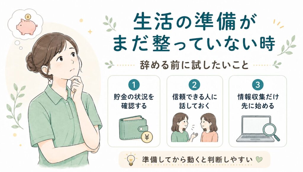 貯金や生活費、相談相手、情報収集など、辞める前に整えておきたい生活基盤をまとめた図解