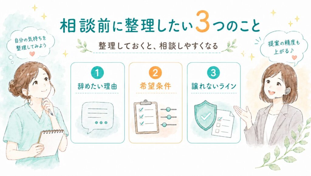 転職エージェントに相談する前に整理しておきたい3つのことをまとめた図解。悩む介護職の女性イラストとともに、「辞める理由の本質」「希望条件の優先順位」「妥協できるライン」の3項目をやさしい配色で整理している画像。