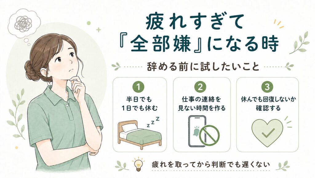 一時的な疲れで仕事がつらく感じる時に、休む・連絡を見ない・回復してから判断する流れを整理した図解