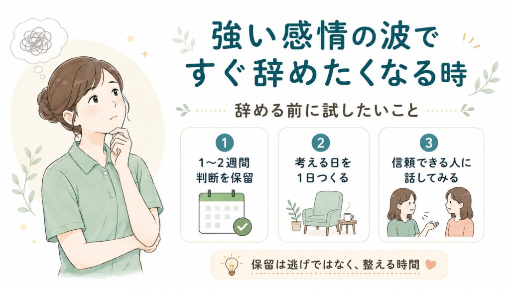 強い感情の波で今すぐ辞めたくなった時に、判断を保留し、考える時間をつくる大切さをまとめた図解