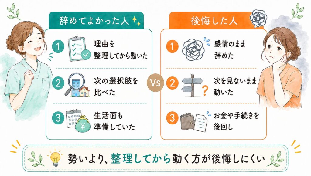 辞めてよかった人と後悔した人を左右で比較し、判断軸・情報収集・生活基盤の違いをわかりやすく整理した図解画像