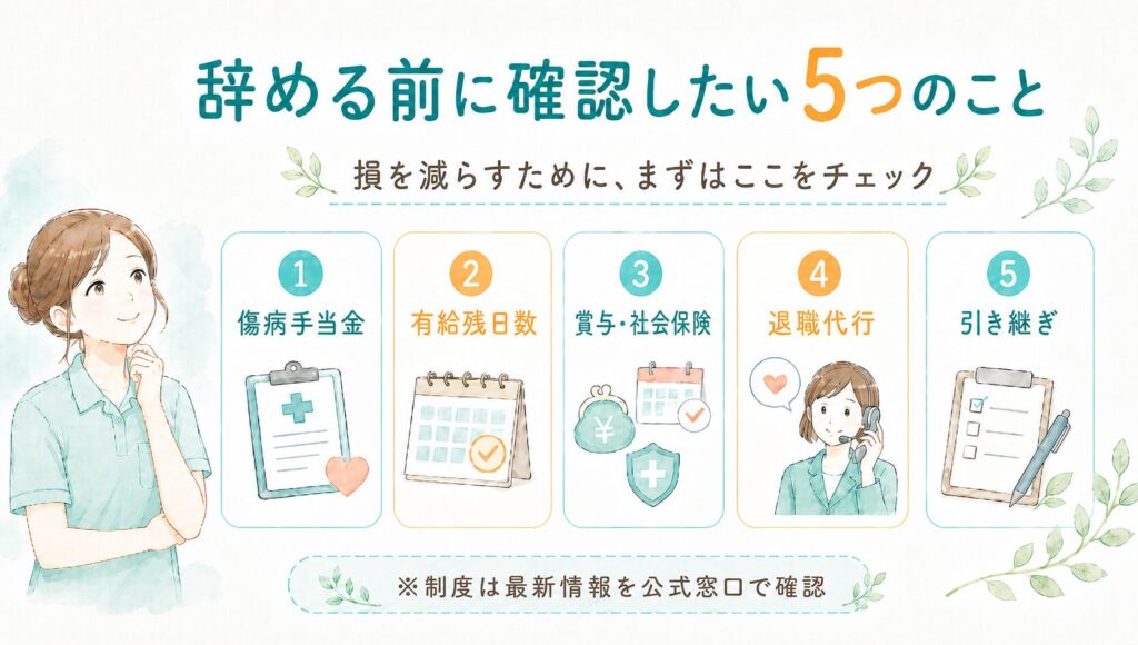 介護職が突然辞める前に確認したい5つのポイントをまとめた図解。傷病手当金、有給休暇、退職時期と賞与・社会保険、退職代行、引き継ぎの最低ラインを、納得した表情の女性イラストとともにやさしい配色で整理している。