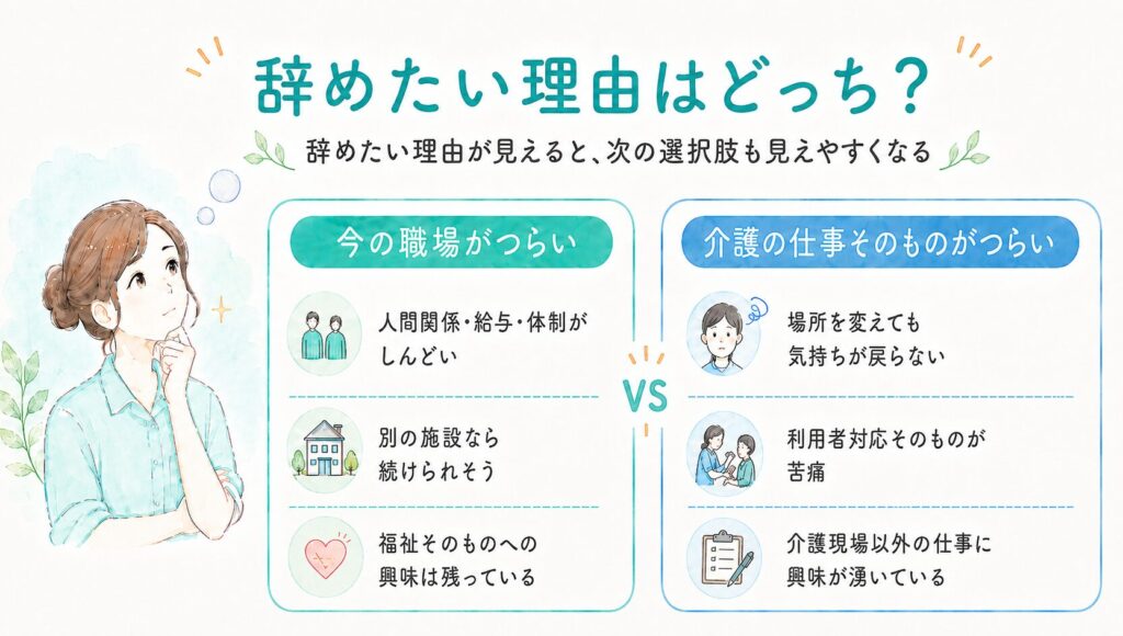 介護職を辞めたい理由を「介護の仕事そのものがつらい」と「今の職場がつらい」に分けて比較した図解。前者は、場所を変えても気持ちが回復しない・利用者対応が苦痛・介護現場以外の仕事に興味が湧いている、後者は、別の施設や職種なら違うかもと感じる・人間関係や給与や体制がつらい・福祉そのものへの興味は残っている、という違いを整理している。