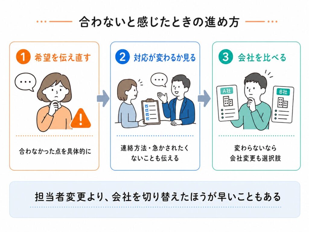 転職エージェントの担当者が合わないと感じたときの進め方を3ステップで整理した図解。まず希望を伝え直し、次に対応が変わるかを見て、それでも変わらないなら会社を比較する流れと、担当者変更より会社を切り替えたほうが早いこともあるという考え方を示している。
