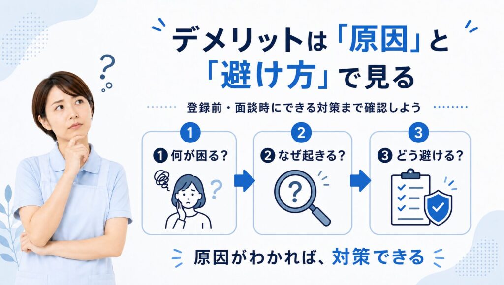 介護転職エージェントのデメリットを、困りごと・原因・避け方の3ステップで整理した画像。左側に不安そうに考える30代の介護職風女性を配置し、右側に「何が困る？」「なぜ起きる？」「どう避ける？」の流れを図解している。