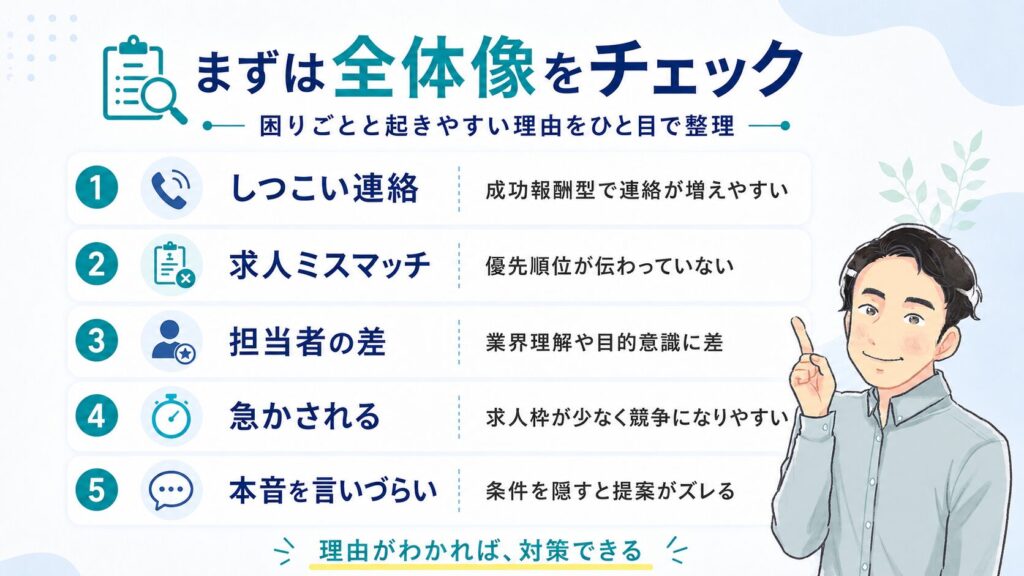 介護転職エージェントでよくある5つのデメリットを一覧で整理した画像。しつこい連絡、求人ミスマッチ、担当者の差、応募や内定を急かされること、本音を言いづらいことについて、それぞれ起きやすい理由をまとめている。