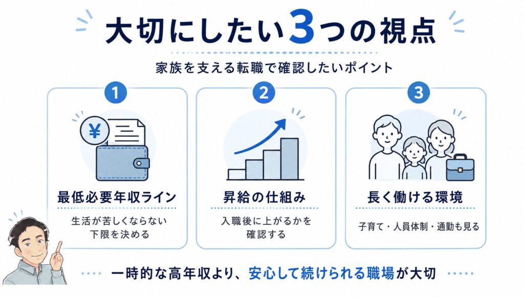 家族がいる介護職が転職先を選ぶときに確認したい3つの視点をまとめた画像。最低必要年収ライン、昇給の仕組み、長く働ける環境をチェックし、一時的な高年収より安心して続けられる職場選びが大切であることを示している。