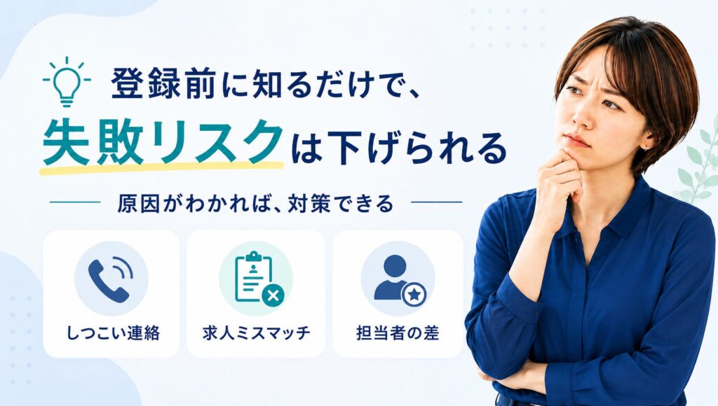 介護転職エージェントのデメリットは登録前に知ることで失敗リスクを下げられることを示した画像。30代女性が不安そうに考え込み、しつこい連絡・求人ミスマッチ・担当者の差という3つの注意点がアイコン付きで整理されている。