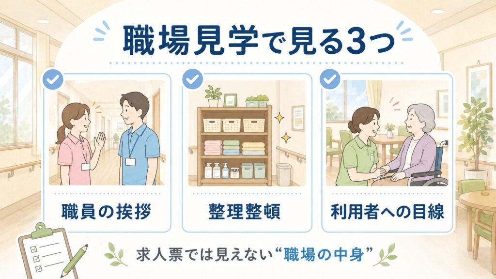 介護職の転職で職場見学をするときに確認したい3つのポイントをまとめた図解画像。職員の挨拶、整理整頓、利用者への目線をチェックし、求人票では見えない職場の中身を見極めることを示している。