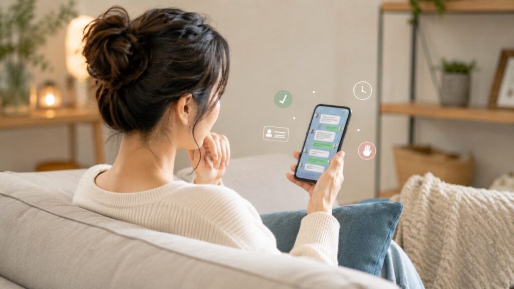 ソファでスマホを見ながら、転職エージェントとのやり取りを考えている女性の後ろ姿