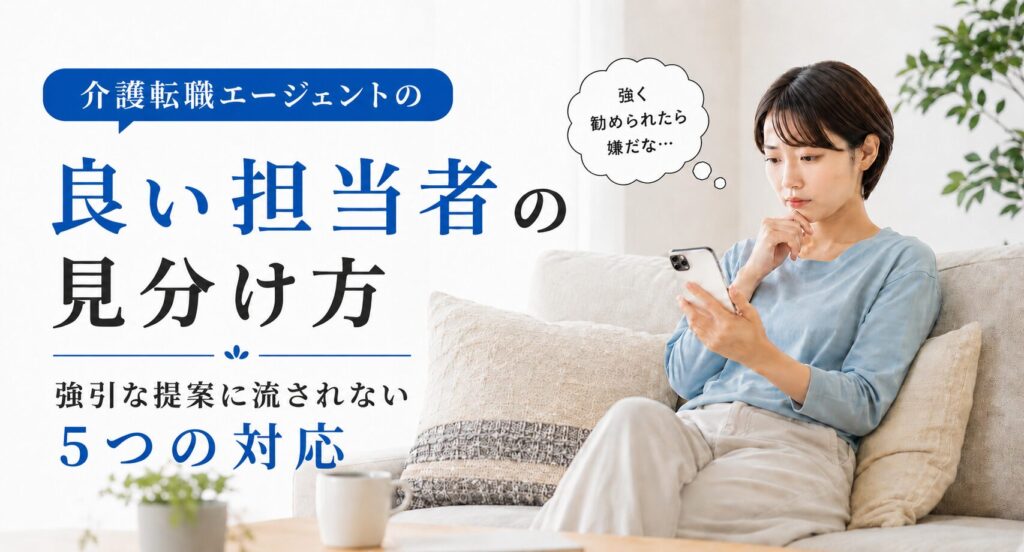 スマートフォンを見ながら不安そうに考える介護職の女性と、「介護転職エージェントの良い担当者の見分け方」「強引な提案に流されない5つの対応」の文字