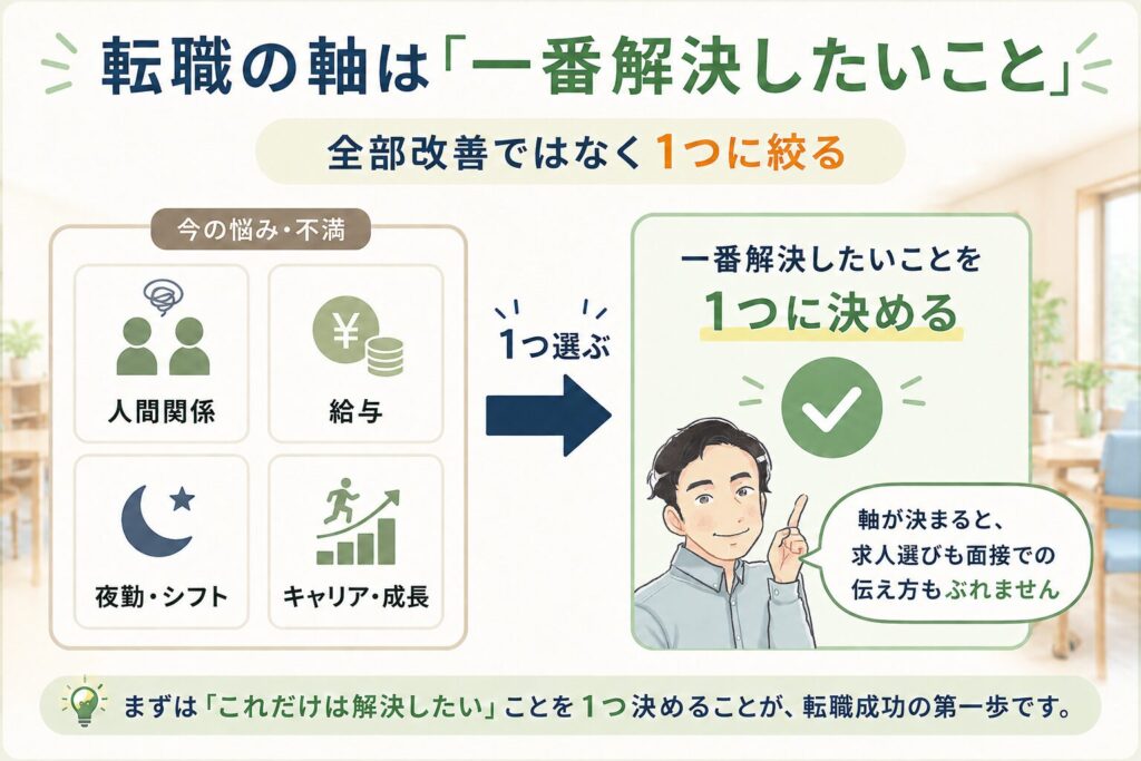 介護職の転職で人間関係、給与、夜勤、キャリアなどの悩みを整理し、一番解決したいことを1つに絞る重要性を示した図解画像