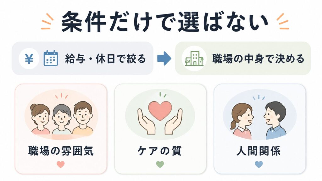 介護職の転職先を給与や休日などの条件だけで選ばず、職場の雰囲気、ケアの質、人間関係など職場の中身で判断することを示した図解画像