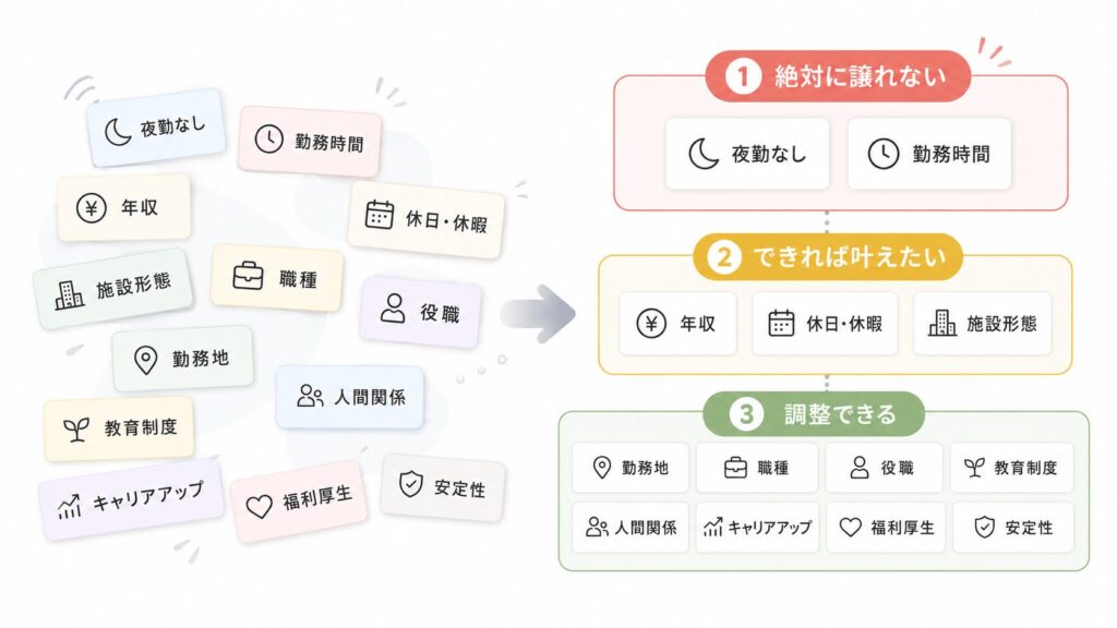 転職条件が書かれたカードを「絶対に譲れない」「できれば叶えたい」「調整できる」の3つに整理した図解。夜勤なし・年収・通勤30分以内などの条件が優先順位ごとに分類されている。